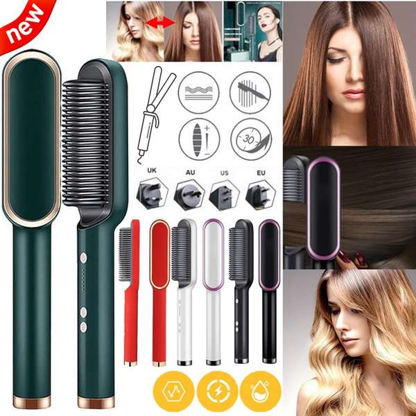 2-in-1 Electric Hair Straightener & Curler Brush for Women | Quick Heat & Temp Control