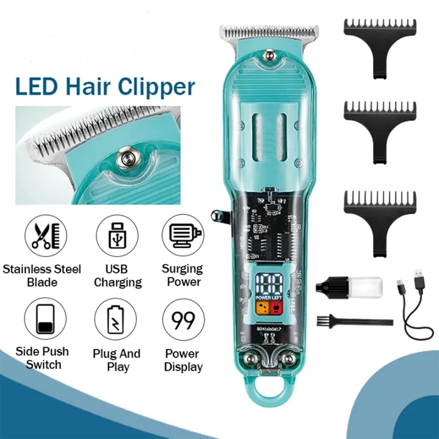 Transparent Rechargeable Daling DL-1585 Wireless Hair & Beard Trimmer with LED Display